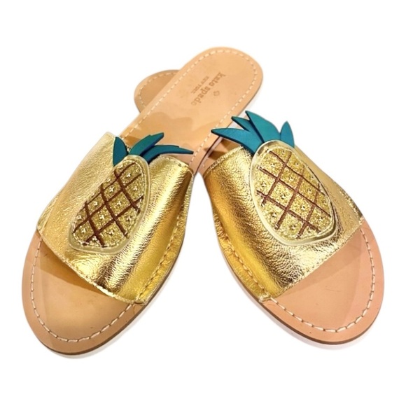 Kate Spade IBIS Gold Metallic Tumbled Leather Pineapple Slide Sandals - Picture 1 of 5